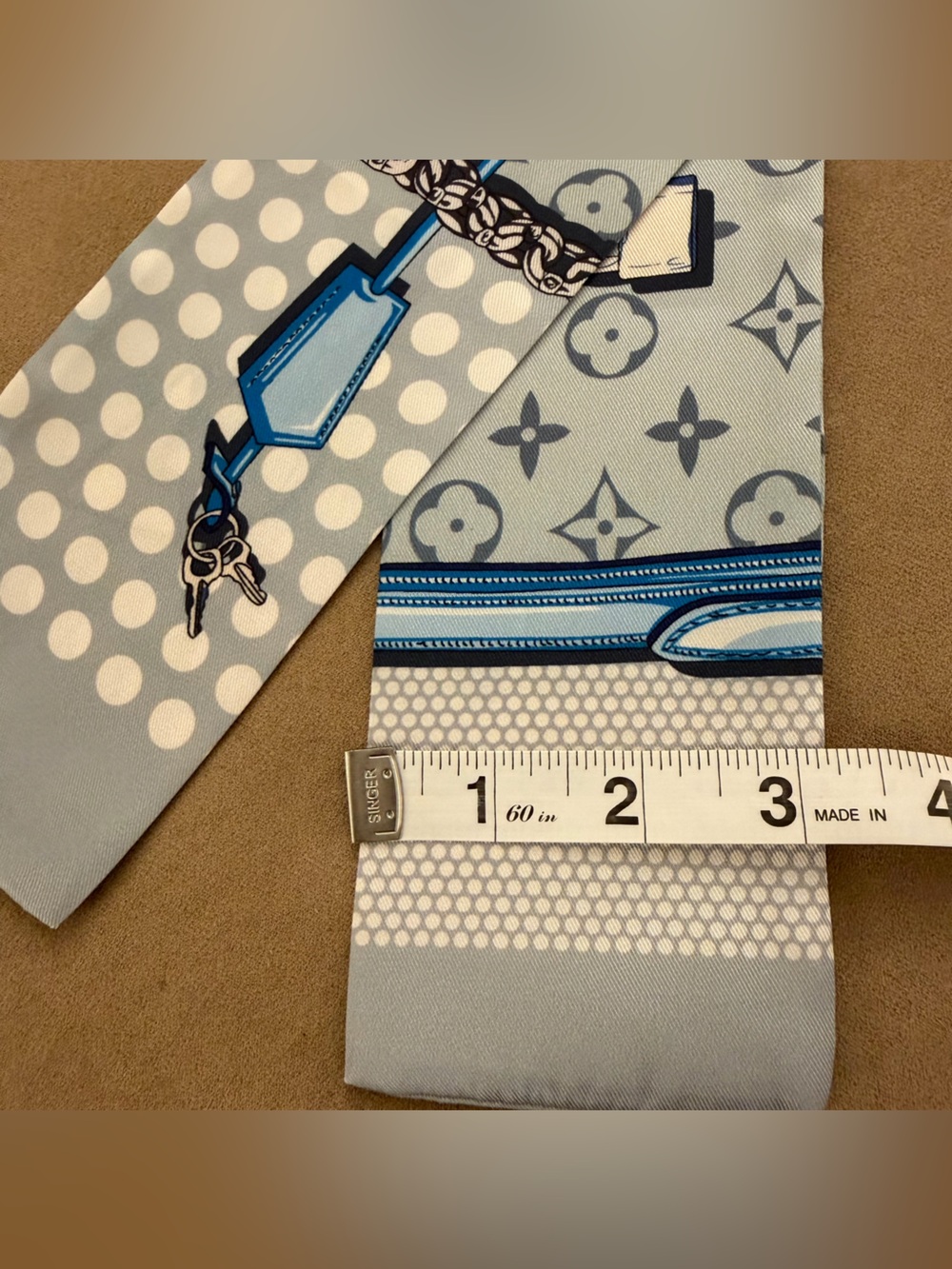Designer Blue Monogram & Chain Silk Bandeau Scarf - Longer - Picture 4 of 6